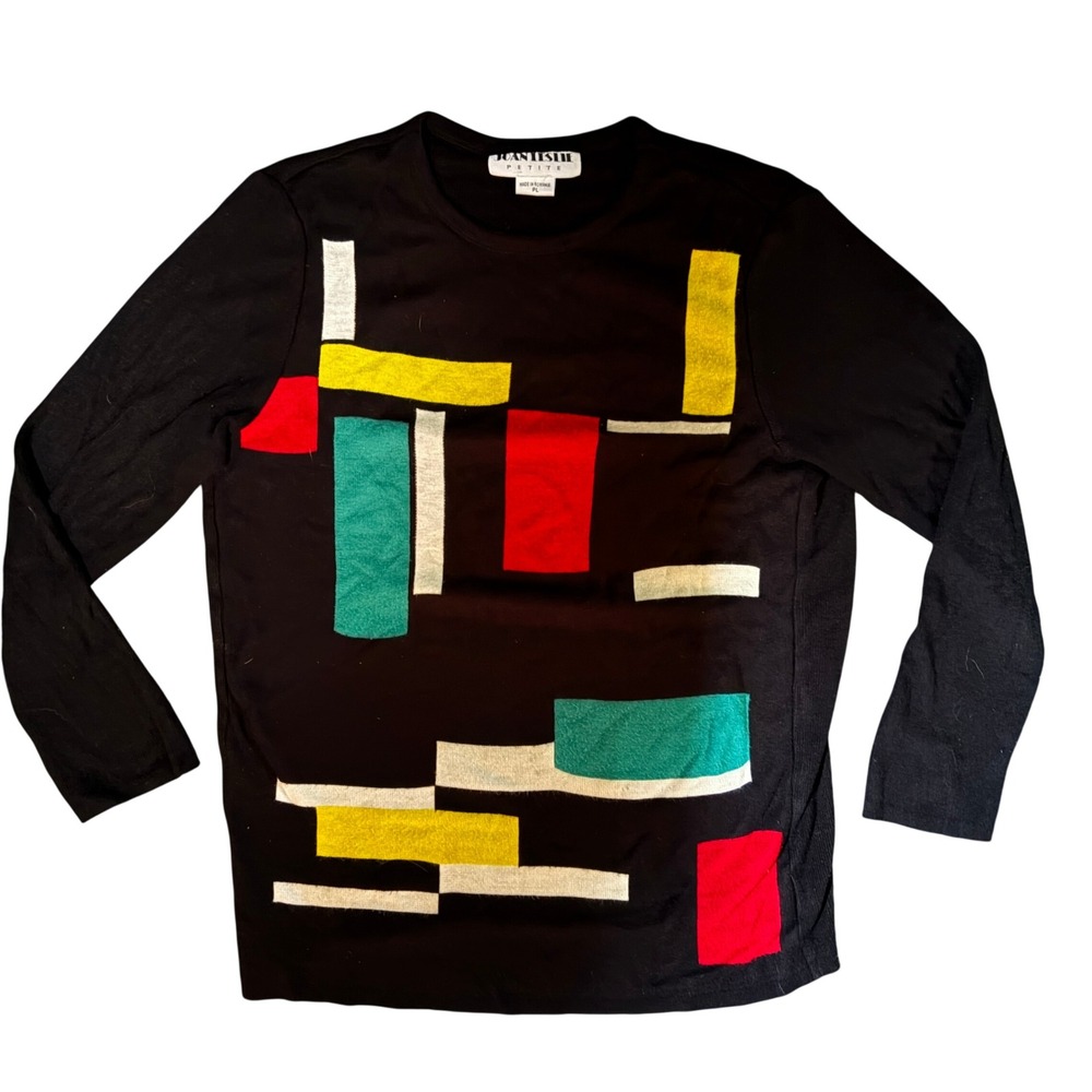 Joan Leslie Petite Black Geometric Intarsia Knit Long Sleeve Top Size PL